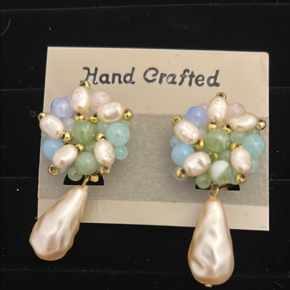 Vintage Hand Crafted Pearl and Green bead clip on Earrings